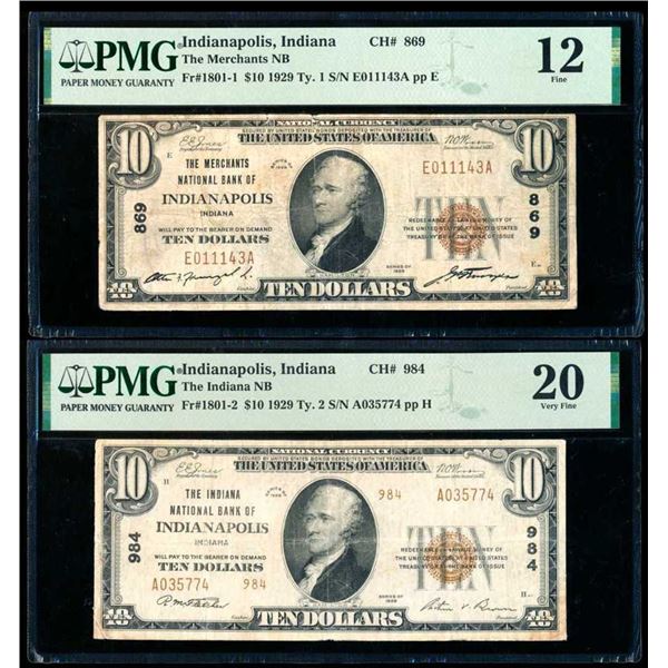 USA - 2 x $10 1929 National Currency de Indianapolis