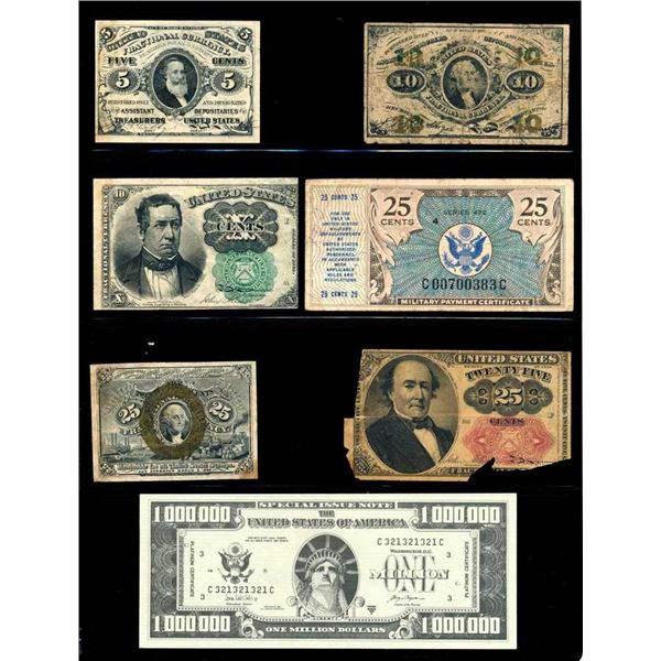 USA - Lot de 6 fractionnel, $1 militaire et $100000 fantasy