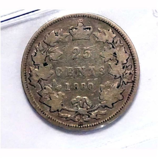 CANADA - 25 cents 1880-H wide 0 scratches CCCS VG-8