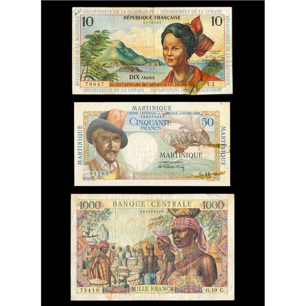 COLONIES FRANÃ‡AISES - Lot de 3 billets Guyane, Martinique et Afrique Equatoriale
