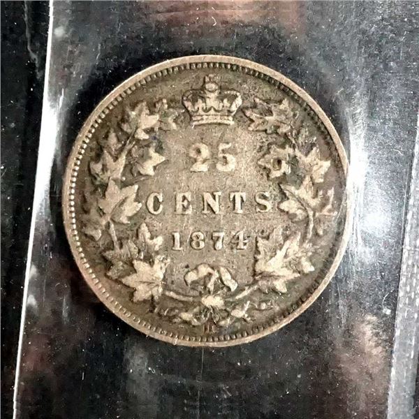 CANADA - 25 cents 1874 H VG-10 No bar A in Canada
