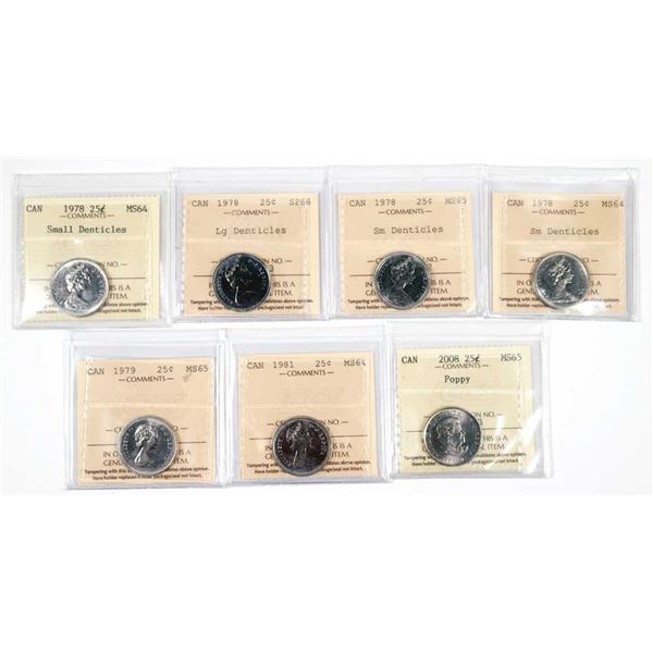 Canada 1978-2008 Lot de 7 pieces de 25 cents en cupro-nickel ICCS