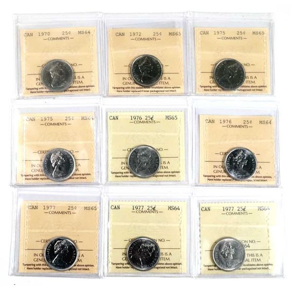 Canada 1970-1977 Lot de 9 pieces de 25 cents en cupro-nickel ICCS