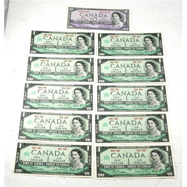 CANADA - #BC-40b 1 x $10 1954 AU et BC-45a 10 x $1 1967 Unc