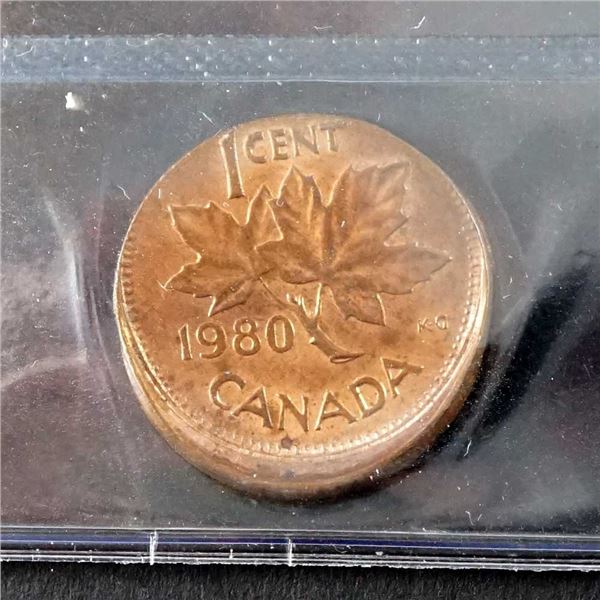 CANADA - 1 cent 1980 red off centre and scratch CCCS MS-60