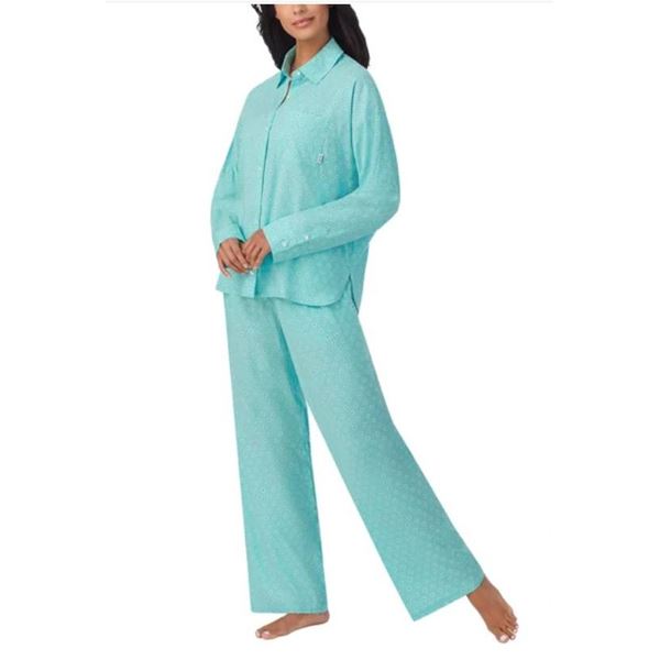 DKNY Women’s 2-Piece Woven Pajama Set, Size S/P, Blue with White Geometric Pattern
