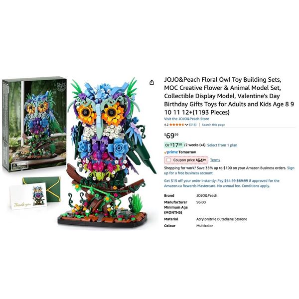 Sworld Owl Building Kit, 1202 Pieces, 8+ Age Recommendation