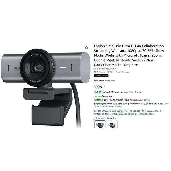 Logitech MX BRIO 4K Ultra HD Collaboration and Streaming Webcam