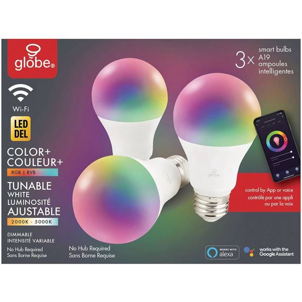 Globe WiFi Smart LED RGB Bulbs, Tunable White, Color Changing, E26, Pack of 3 LOT OF 2