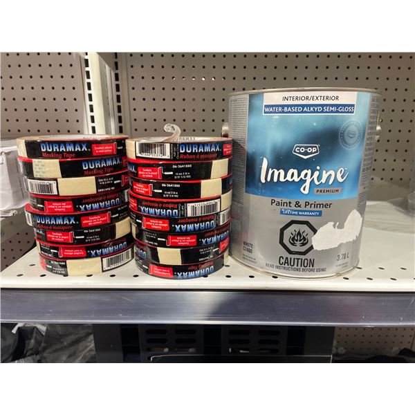 16 Rolls of Duramax Masking Tape and 3.70L Can of Co-op Imagine Paint & Primer