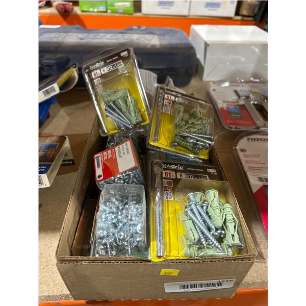 Box Lot of Assorted Wall Plugs and Screws in Retail Quantities