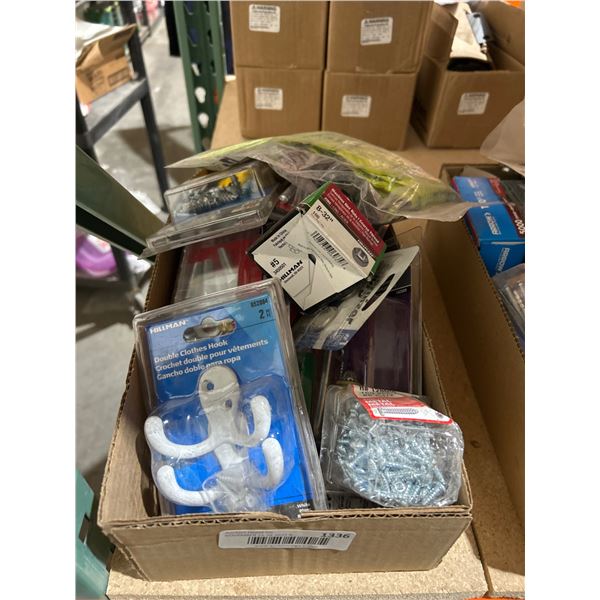 Box lot of Assorted Hardware and Tools Including Hooks, Screws, and Fasteners