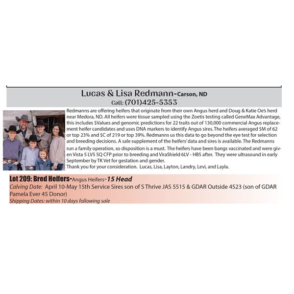 15 hd Bred Heifers - Lucas & Lisa Redmann