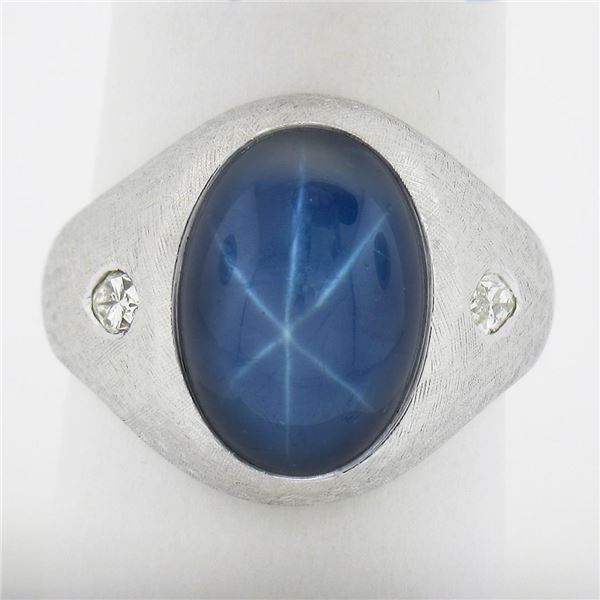 Mens 14k White Gold Linde Blue Star Sapphire & Diamond Florentine Work Dome Ring