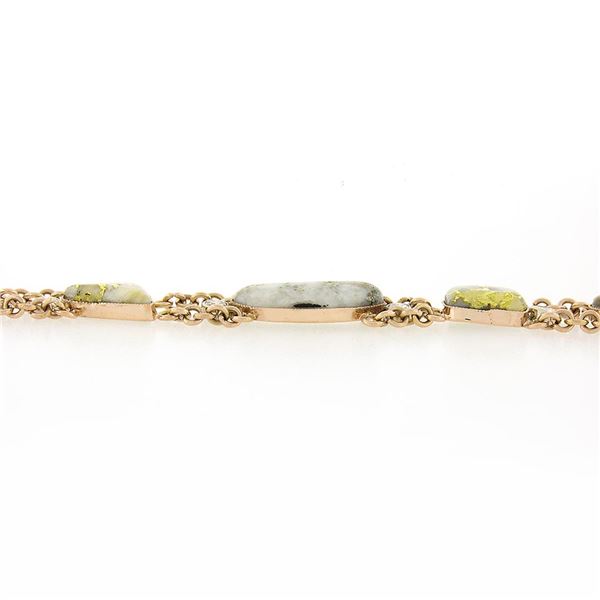 Vintage 14k TT Gold Cabochon Gold Quartz & Diamond Bezel Set Chain Link Bracelet