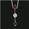 Image 3 : 18k White Gold 1.38 ctw Round Prong Ruby Diamond Sapphire Bar Pendant & 14k Chai