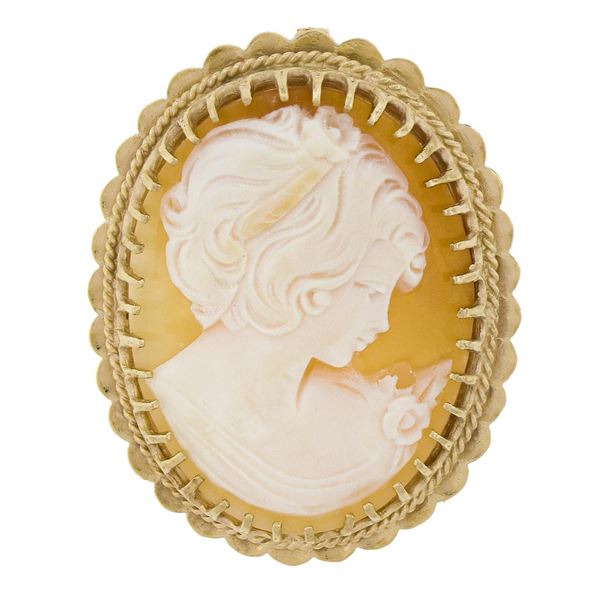 Vintage 14k Yellow Gold Carved Shell Cameo w/ Scalloped Frame Pin Brooch Pendant