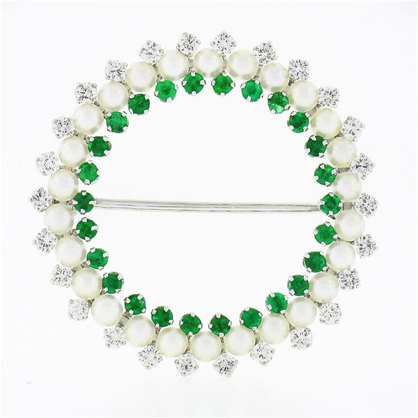 Vintage 14k Gold 1.60 ctw Round Diamond Emerald & White Pearl Circle Wreath Broo