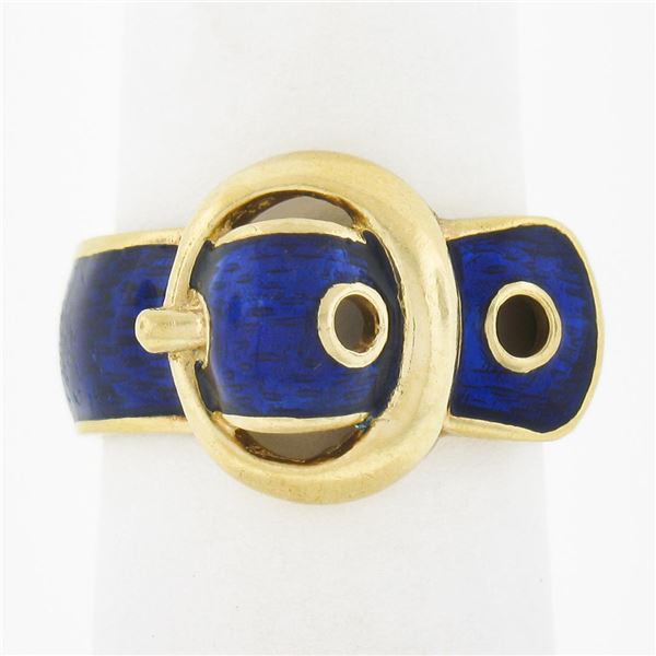 Vintage 18K Yellow Gold Royal Blue Enamel w/ Textured Gold Work Buckle Band Ring