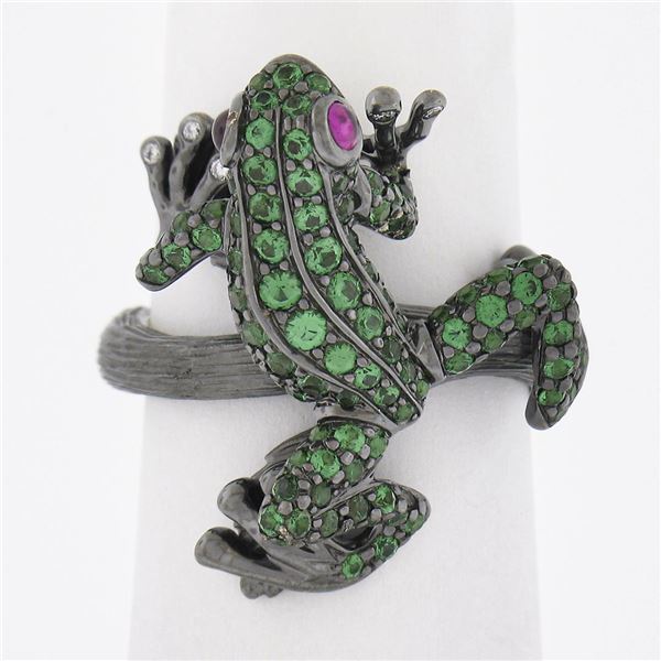 18K Gold & Black Rhodium Pave Tsavorite & Red Eyes Frog Body Cocktail Ring