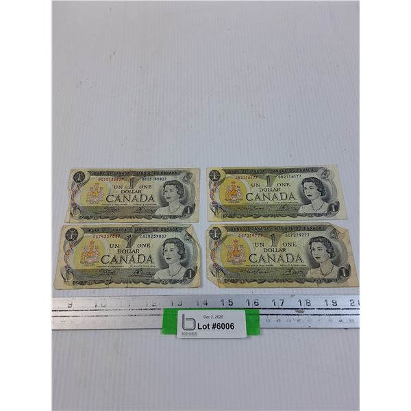 (4) Canadian One Dollar Bills: 1973