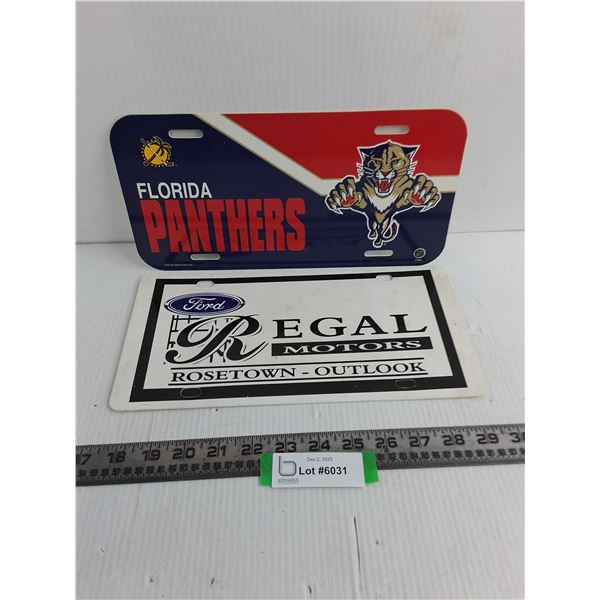 (2) Plastic Vanity License Plates (Florida Panthers & Ford Regal Motors Rosetown)