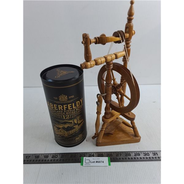 Wooden Miniature Spinning Wheel - 14" Tall, Aberfeld Scotch Whiskey Tin