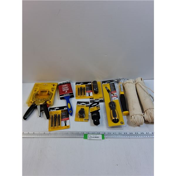 Tool Lot: Clamp, Paint Brush, Rope, Screwdriver, Misc
