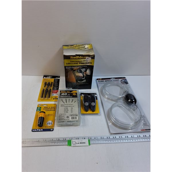 Tool Lot: Siphon Pump, Lantern Flashlight, Molly Bolt Kit, Misc