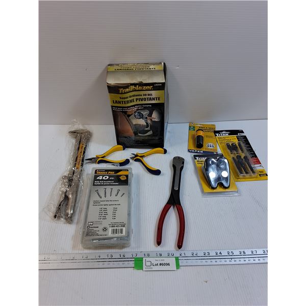 Tool Lot: Wire Cutter Pilers, Molly Bolt Set, Locking Pilers, Flashlight, Misc