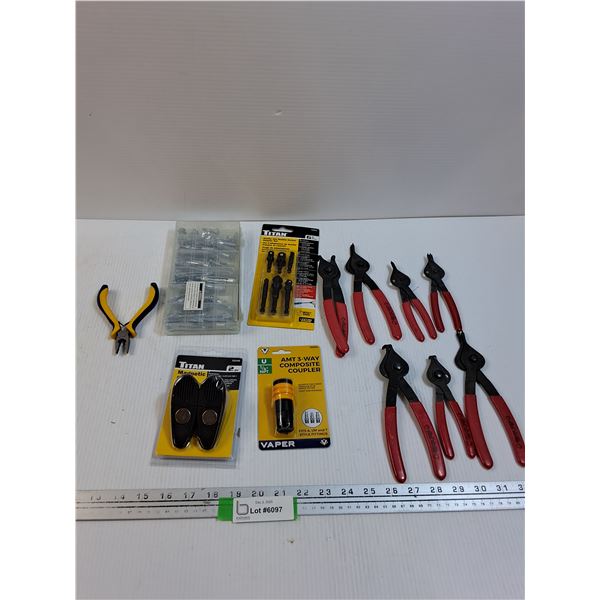 Tool Lot: Snap Ring Pliers, Clips, Molly Bolt Set, Misc
