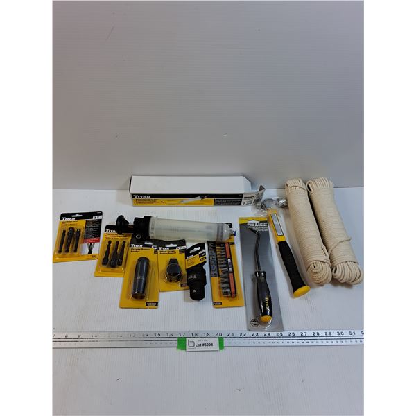 Tool Lot: Fluid Filler/Extractor, Rope, Hammer, Sockets, Misc