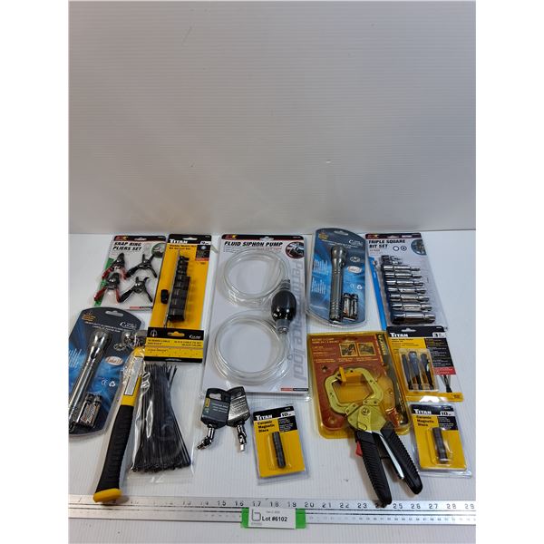 Tool Lot: Snap Ring Pliers, Zip Ties, Clamp, Flashlight, Misc