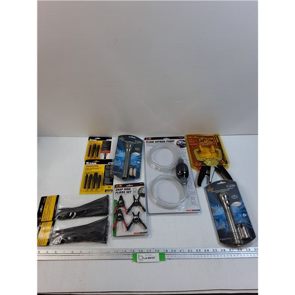Tool Lot: Clamp, Siphon, Flashlight, Zip Ties, Misc