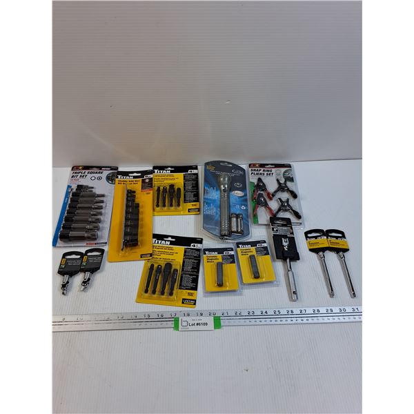 Tool Lot: Sockets Sets, Flashlight, Magnetic Discs, Misc
