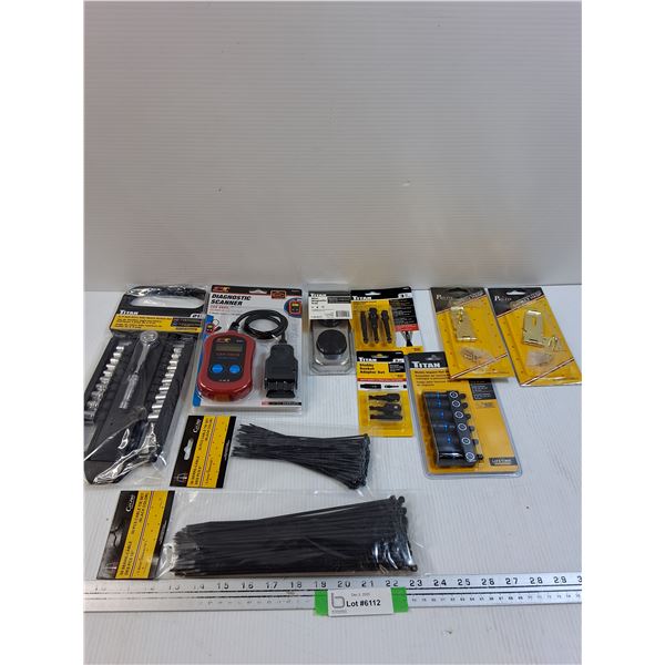 Tool Lot: Socket Set, Zip Ties, Magnetic Tray, Diagnostic Scanner, Misc