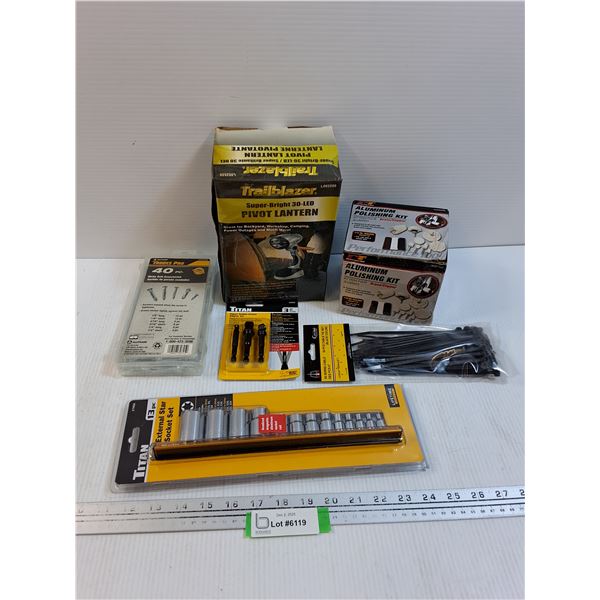 Tool Lot: Sockets, Flashlight, Molly Bolt Set, Misc