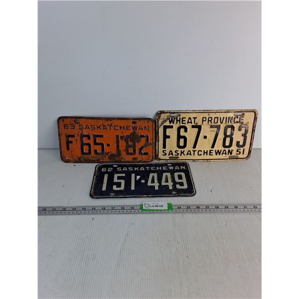 (3) Saskatchewan License Plates- 1951, 1962, 1963