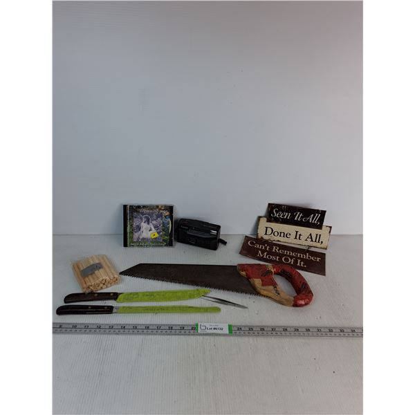 Beginning Yoga Compact Disc, (2) Knives, Hand Saw 19 , Canon Film Camera, Misc