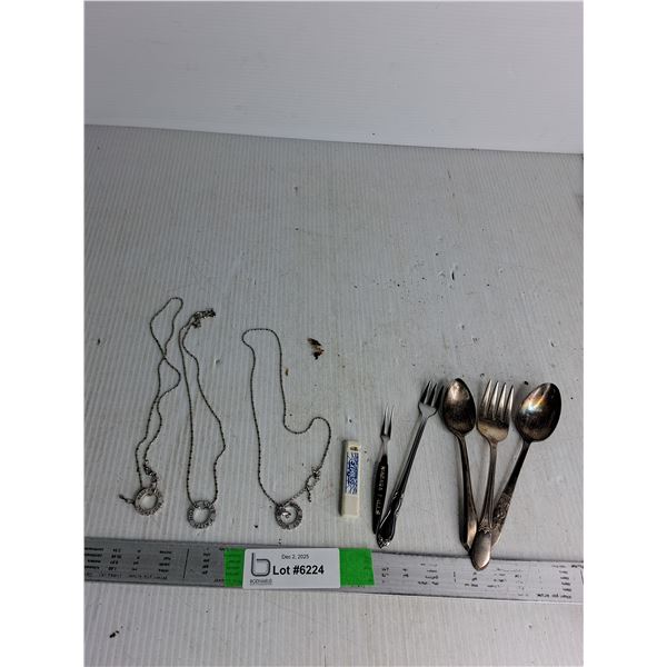 (3) Necklaces, Antique Spoons & Forks (cannot authenticate)