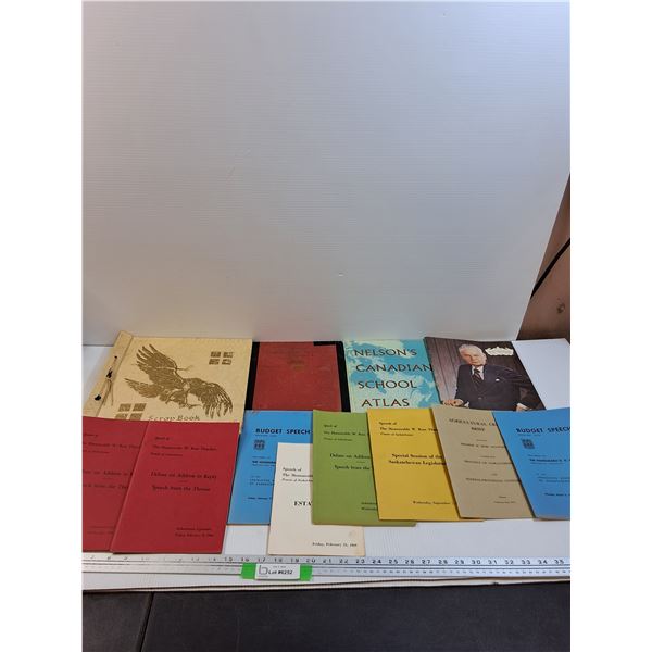 Vintage 1943 Scrapbook, Atlases, Premier Ross Thatcher Speeches Booklets