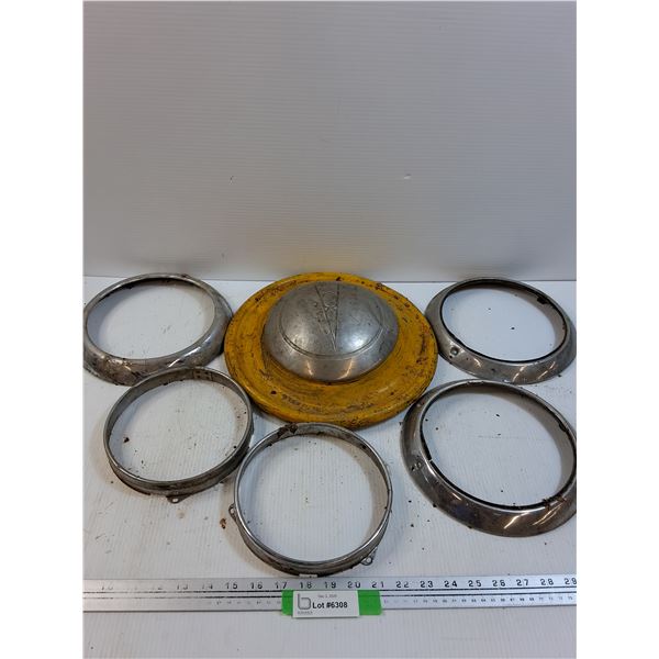 Vintage Ford V8 Hub Cap & (5) Headlight Bezels