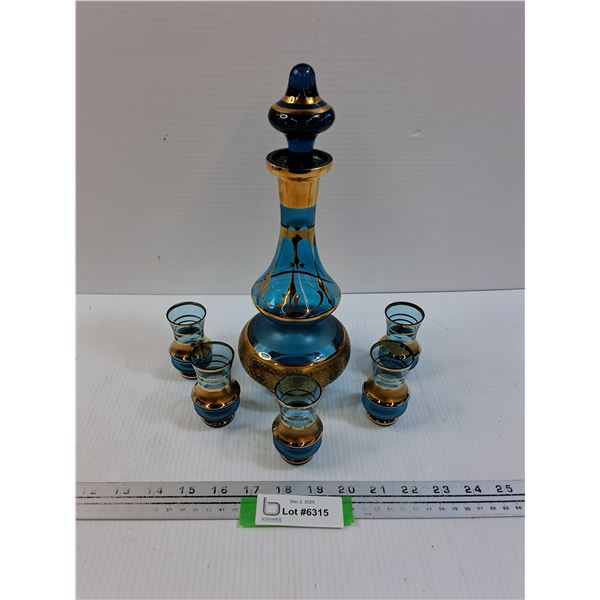 Vintage Bohemian Aqua Turqoise w/ Gold Gilt Detail Glass Decanter Set