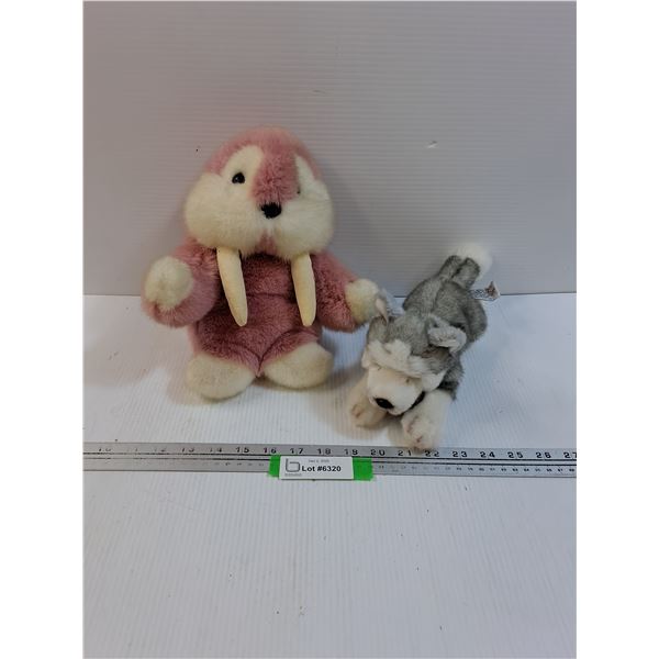 (2) Stuffies: Pink Walrus, Grey Wolf