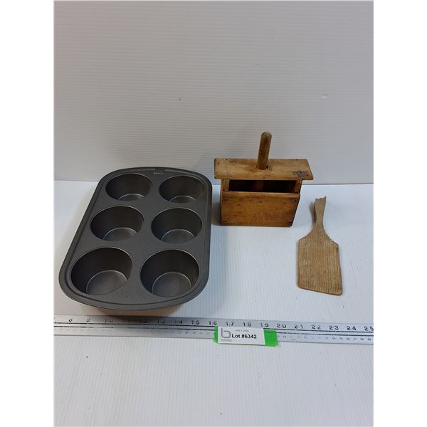 Vintage Butter Press & Spatula, Muffin Tin
