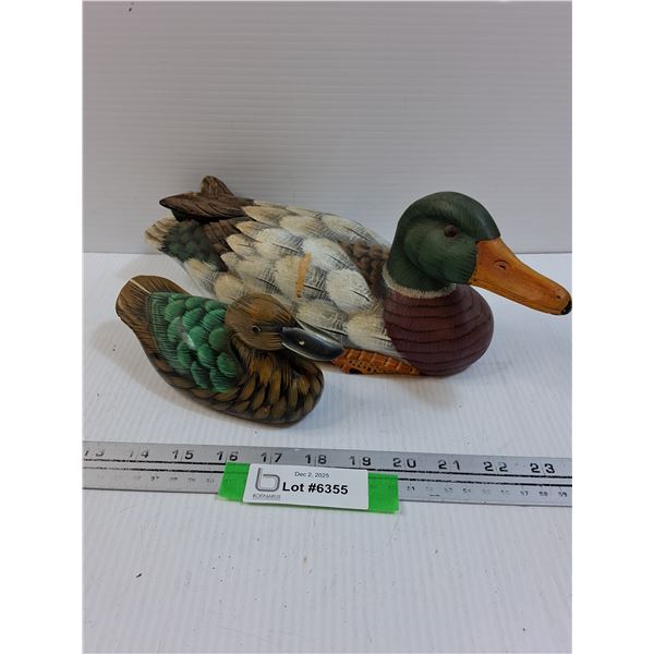 (2) Wooden Duck Decoys Figurines: Mallard & Wood