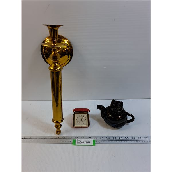 Brass Style Candle Wall Mount Holder, Black Iridescent Mini Teapot, Vintage End Table Clock - As Is