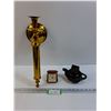 Image 1 : Brass Style Candle Wall Mount Holder, Black Iridescent Mini Teapot, Vintage End Table Clock - As Is