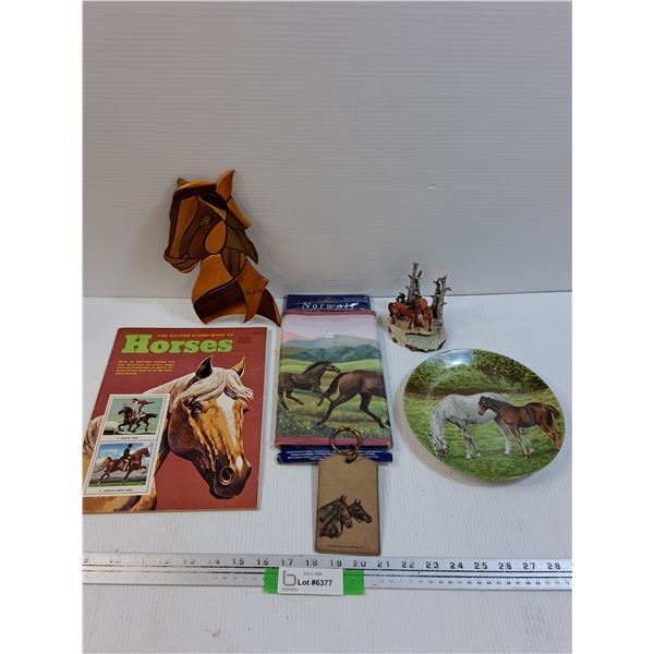 Horse Lot: Stamp Book, Wood Inlay, Wallpaper Border, Plate, KeyChain, Figurine