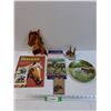 Image 1 : Horse Lot: Stamp Book, Wood Inlay, Wallpaper Border, Plate, KeyChain, Figurine